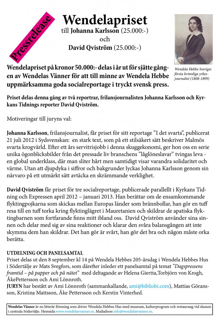 Pressrelease Wendelapriset 2013