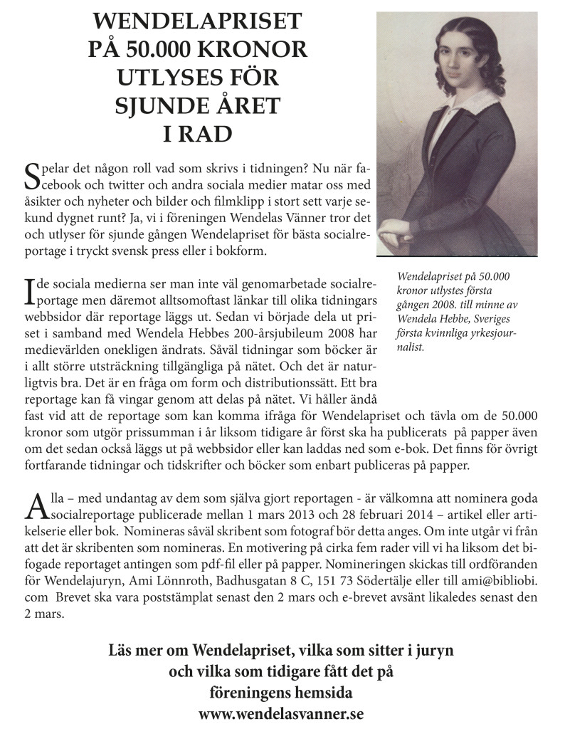 Utlysning Wendelapriset  2014